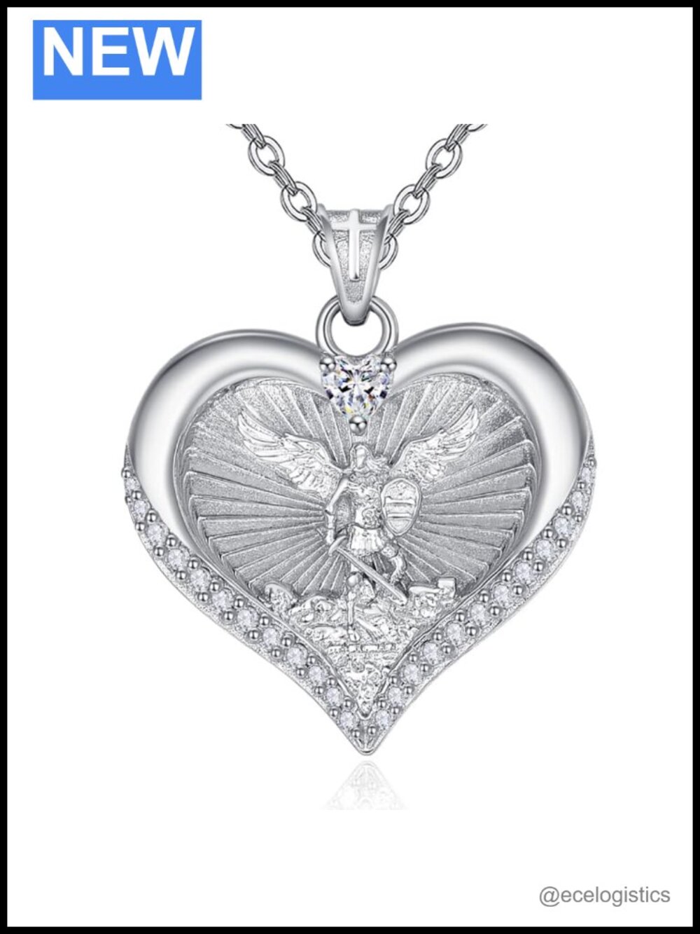 18K White Gold Plated St Michael Medal Heart Pendant Necklace Catholic Gift